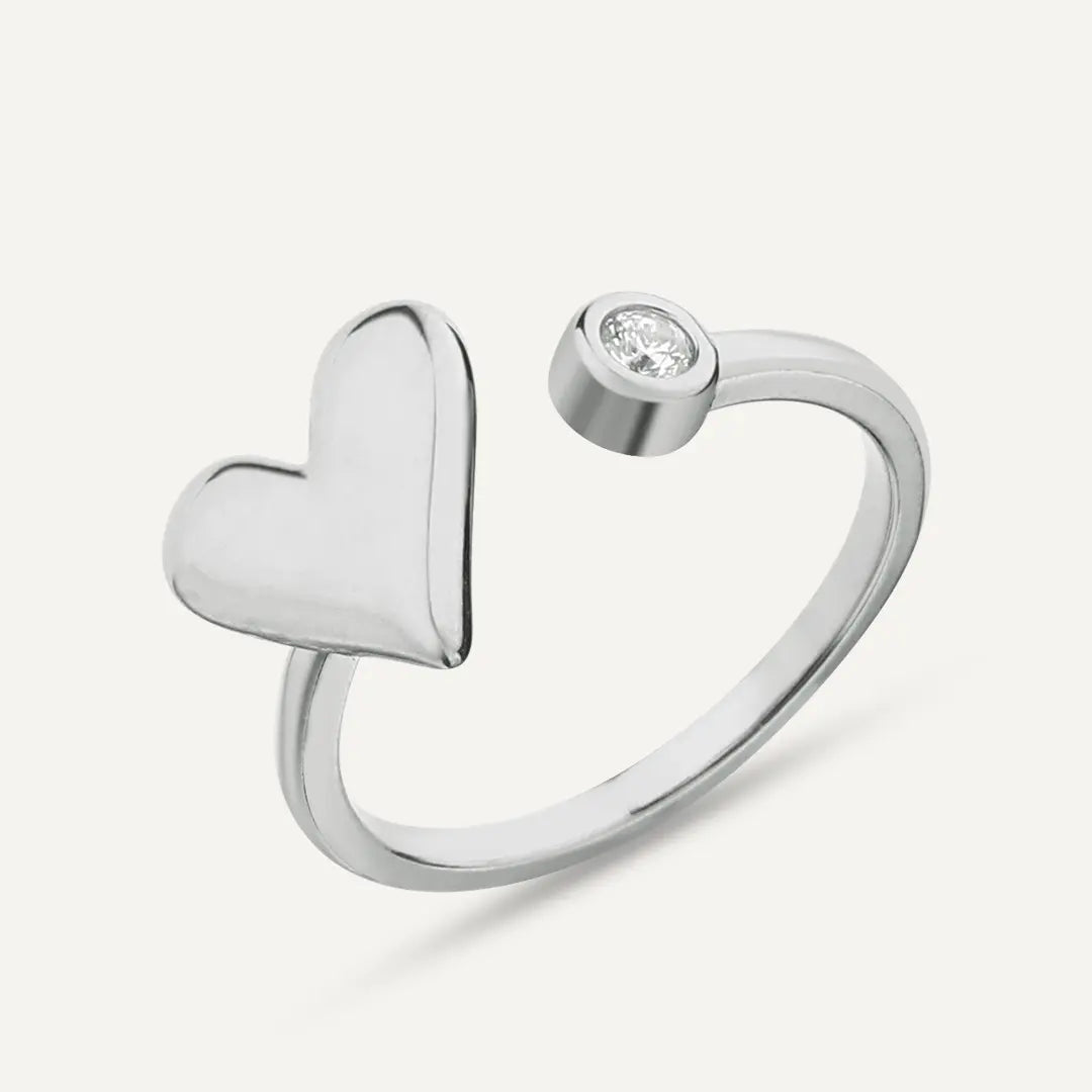 Vibes | Heart & Single Bezel-Set Crystal Adjustable Ring | White Gold-Plated