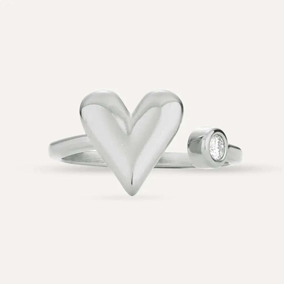Vibes | Heart & Single Bezel-Set Crystal Adjustable Ring | White Gold-Plated