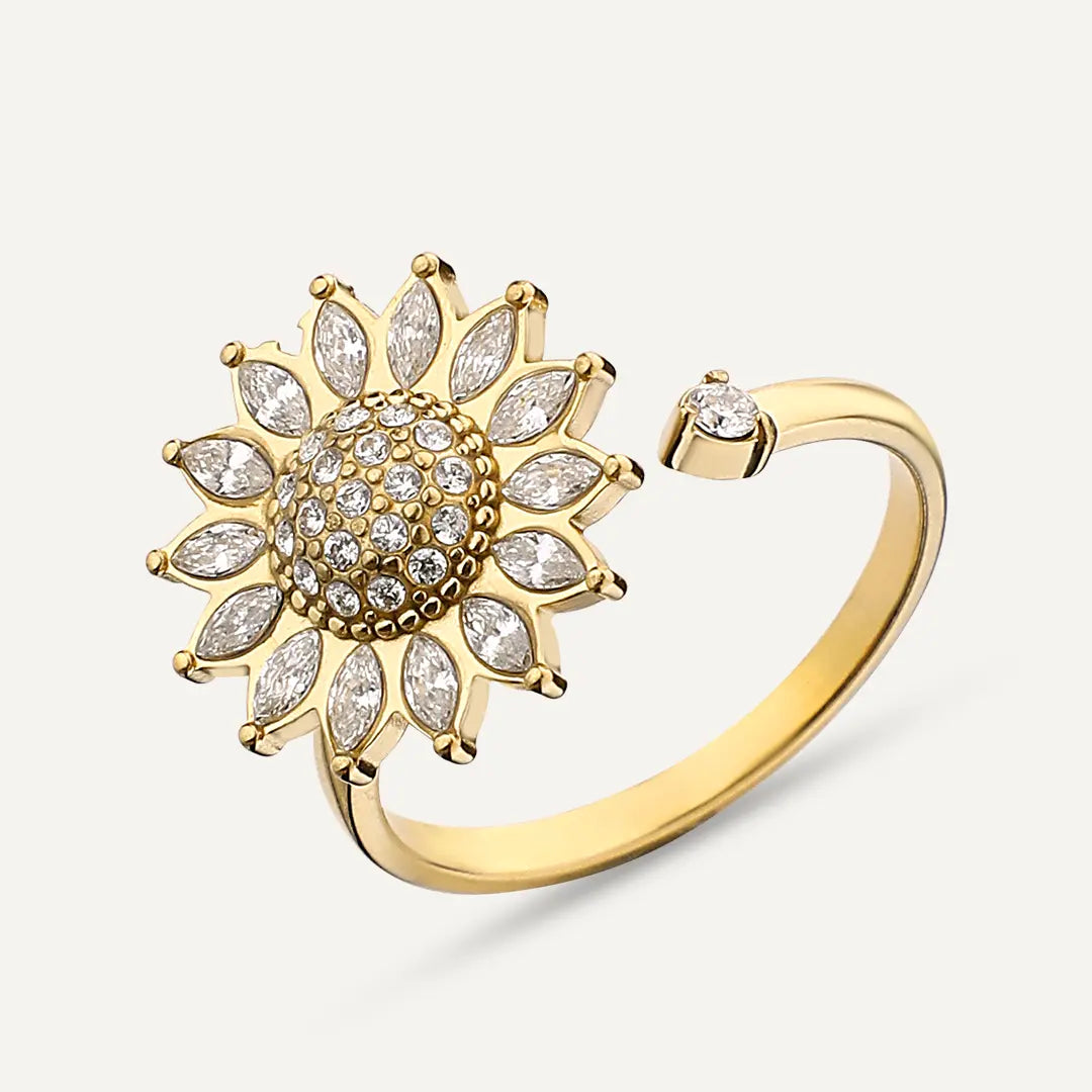 Vibes | Sunflower Crystal-Embellished Adjustable Ring | 18K Gold-Plated