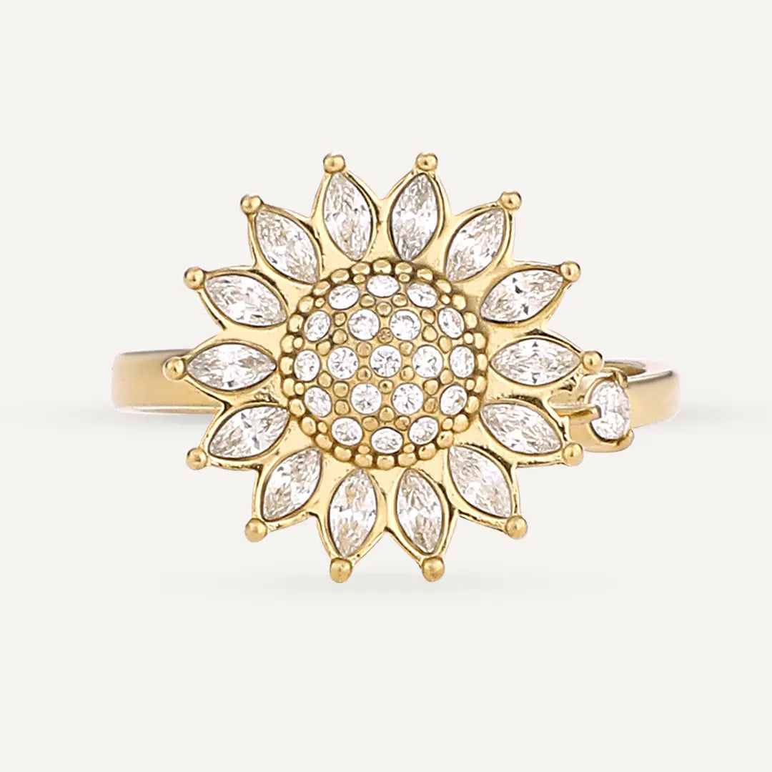 Vibes | Sunflower Crystal-Embellished Adjustable Ring | 18K Gold-Plated