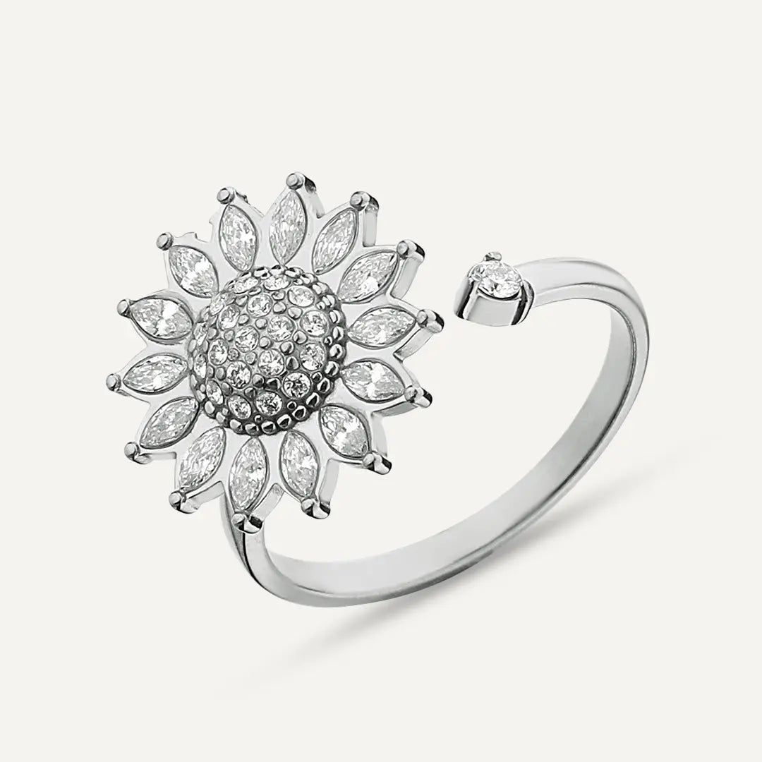 Vibes | Sunflower Crystal-Embellished Adjustable Ring | White Gold-Plated
