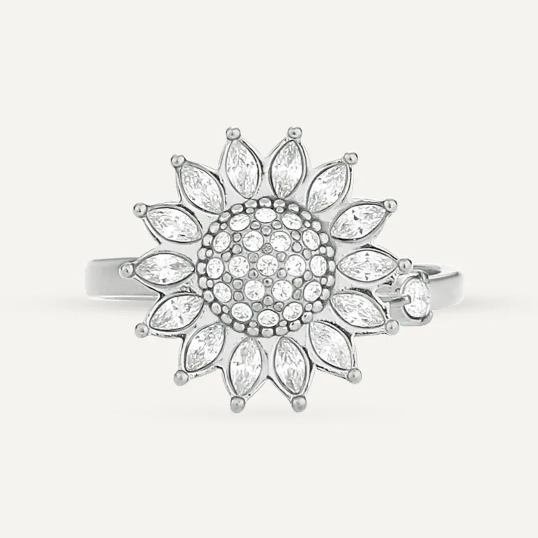 Vibes | Sunflower Crystal-Embellished Adjustable Ring | White Gold-Plated