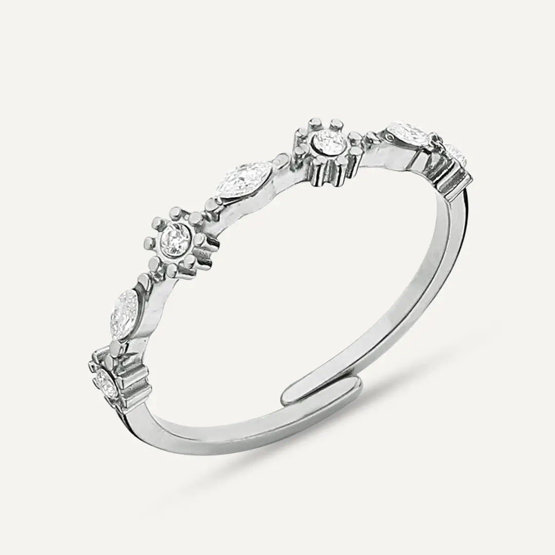 Vibes | Alternating Marquise and Flower Adjustable Ring | White Gold-Plated