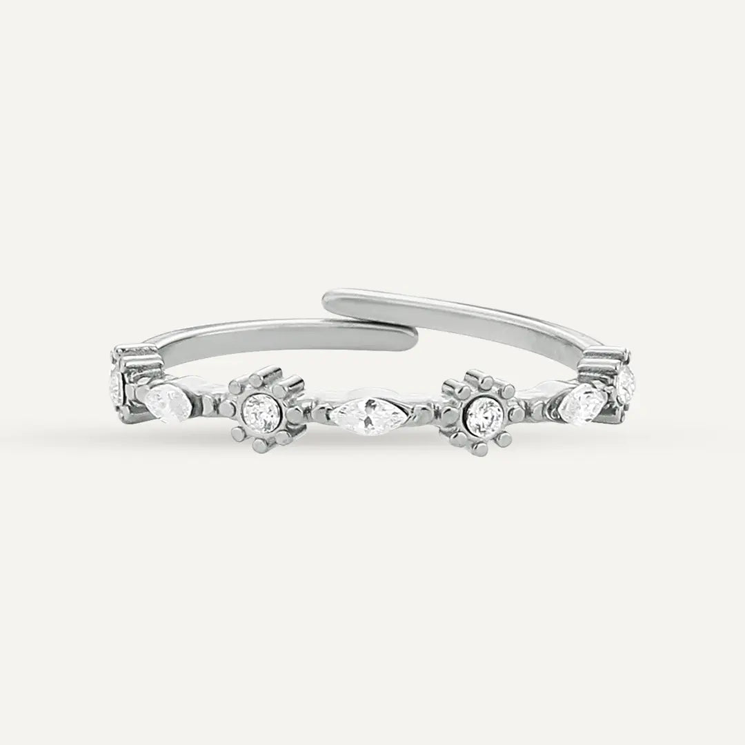 Vibes | Alternating Marquise and Flower Adjustable Ring | White Gold-Plated