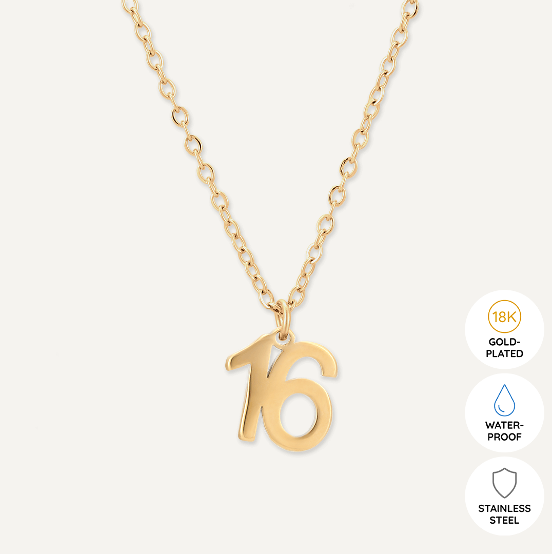 Memories: "HAPPY 16TH BIRTHDAY" | Number 16 Necklace | 18K Gold-Plated