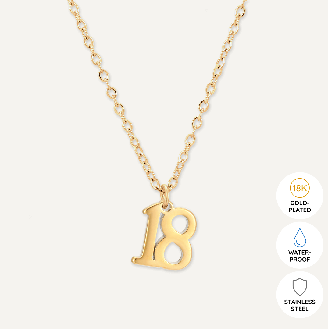 Memories: "HAPPY 18TH BIRTHDAY" | Number 18 Necklace | 18K Gold-Plated