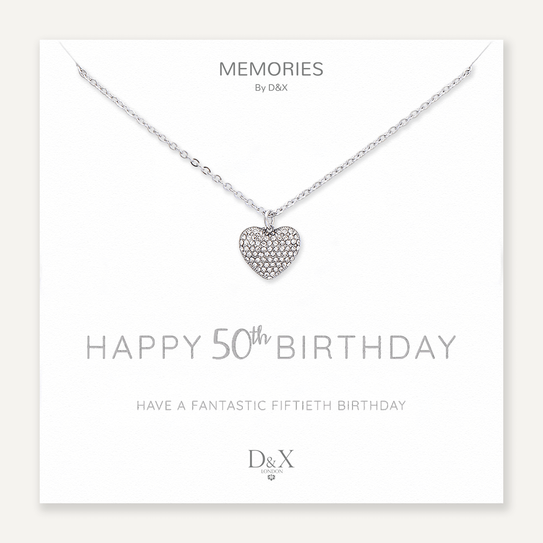 Memories: "HAPPY 50TH BIRTHDAY" | Heart Necklace | White Gold-Plated