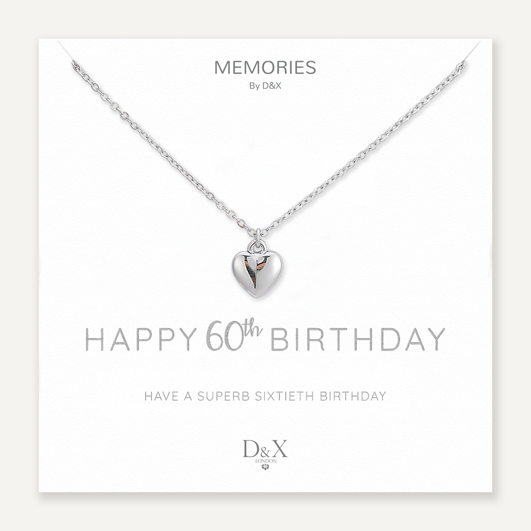 Memories: "HAPPY 60TH BIRTHDAY"| Heart Necklace | White Gold-Plated