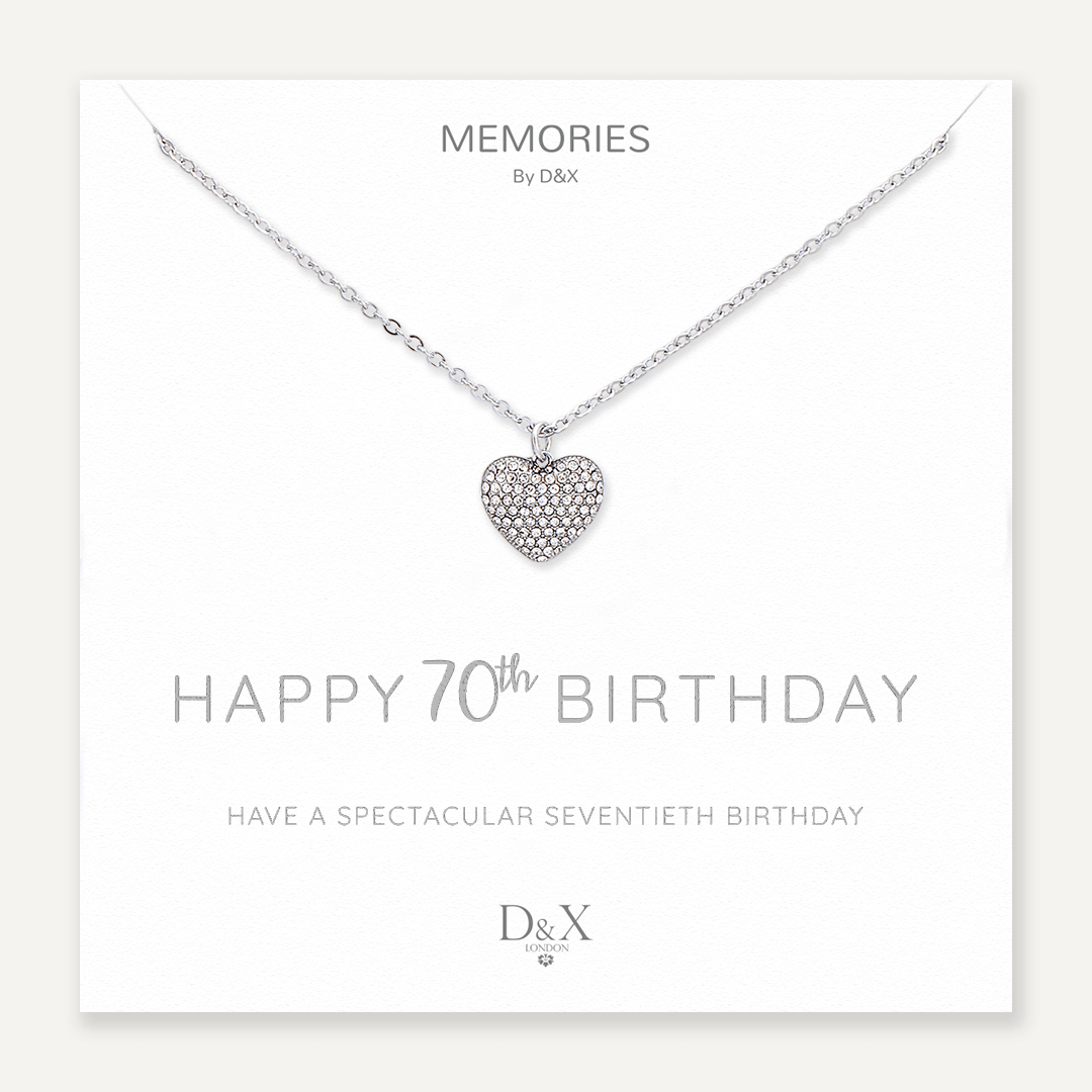 Memories: "HAPPY 70TH BIRTHDAY" | Heart Necklace | White Gold-Plated