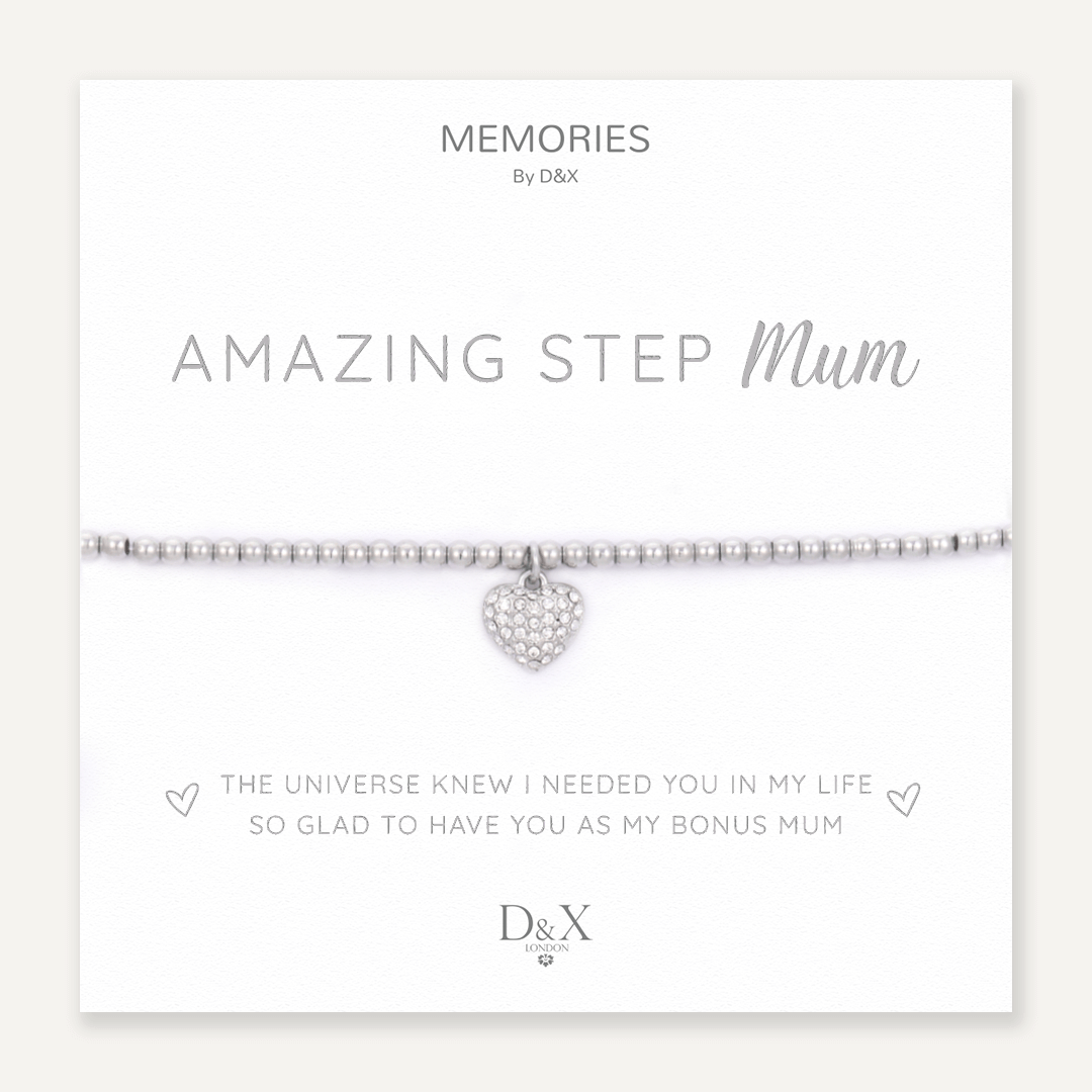 Memories: "AMAZING STEP MUM" | Heart Bracelet | White Gold-Plated