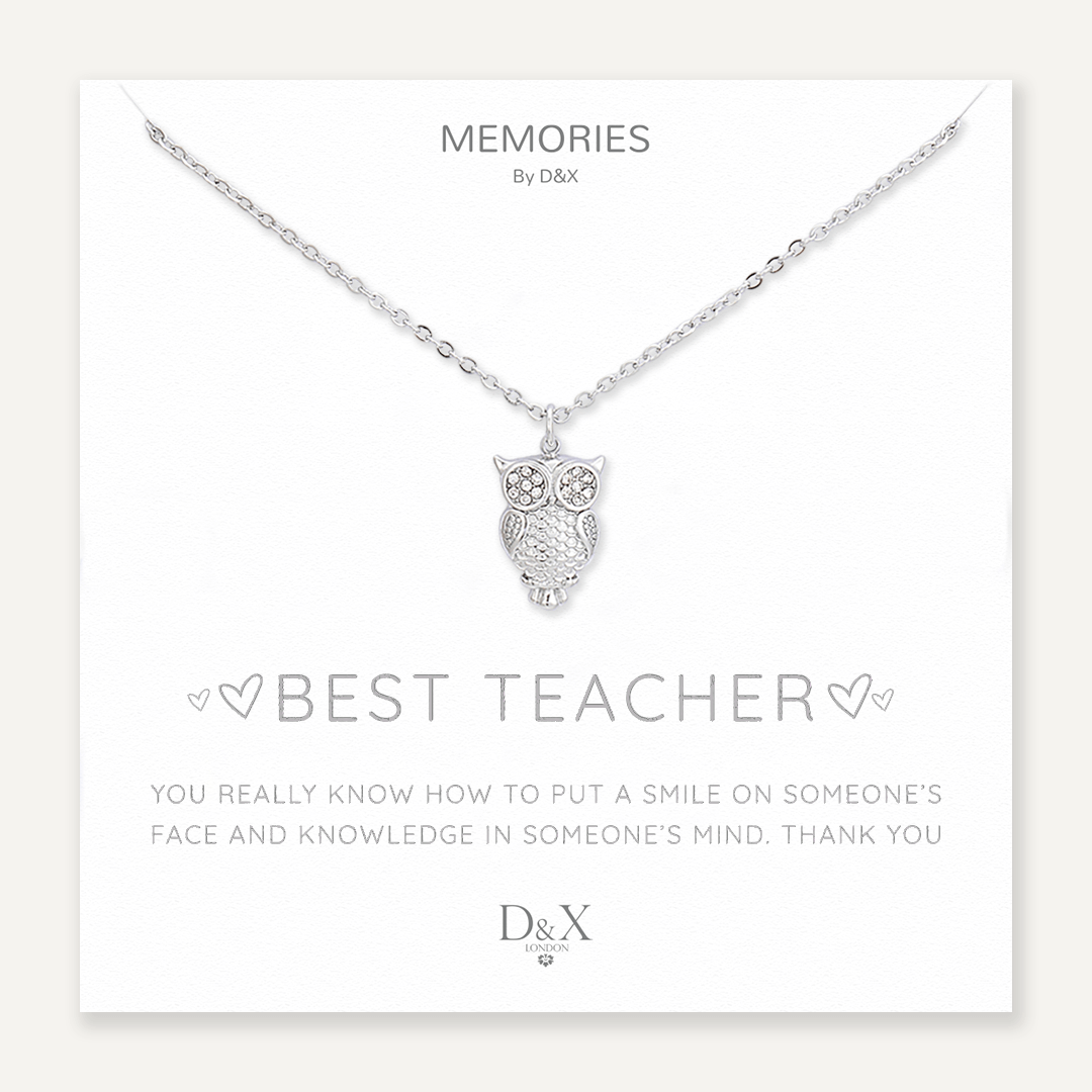 Memories: "BEST TEACHER" | Owl Necklace | White Gold-Plated