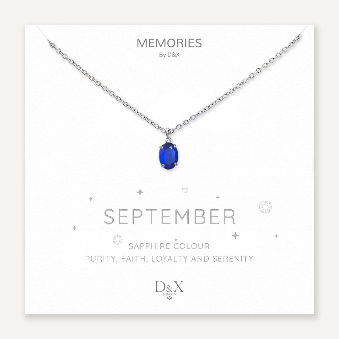 Memories: "SEPTEMBER" | Sapphire Necklace | White Gold-Plated