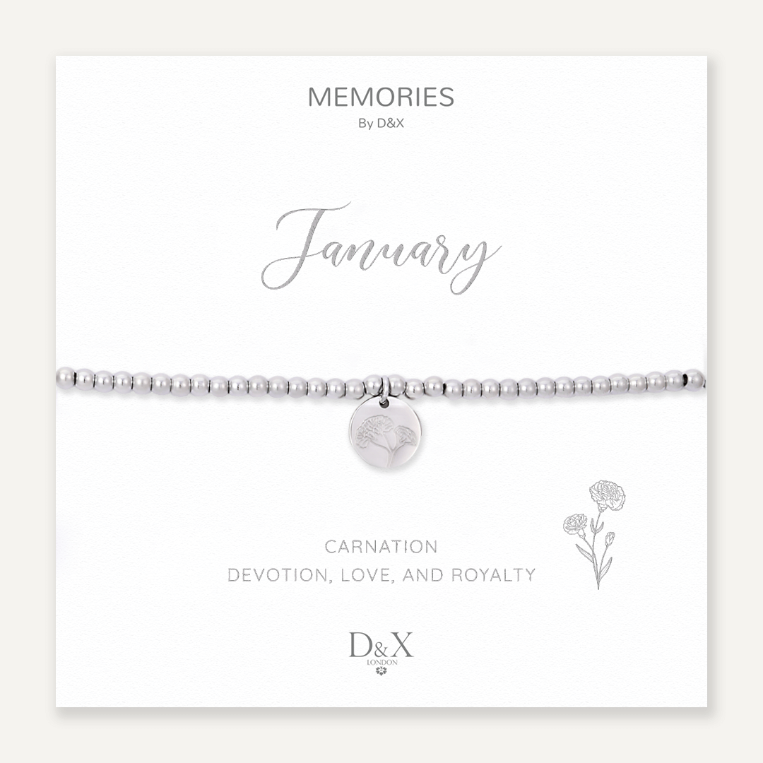 Memories: "JANUARY" | Carnation Bracelet | White Gold-Plated