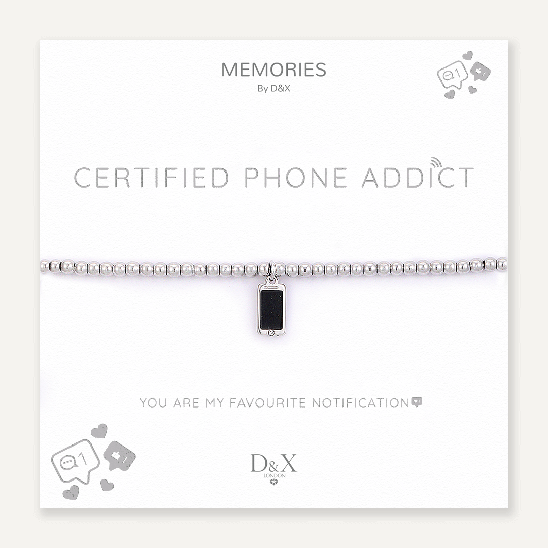 Memories: "CERTIFIED PHONE ADDICT" | Cell Phone Bracelet | White Gold-Plated | Multi-Colour