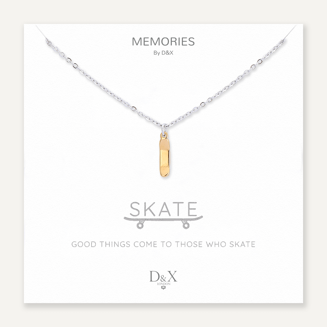 Memories: "SKATE" | Skateboard Necklace | White Gold & 18K Gold-Plated