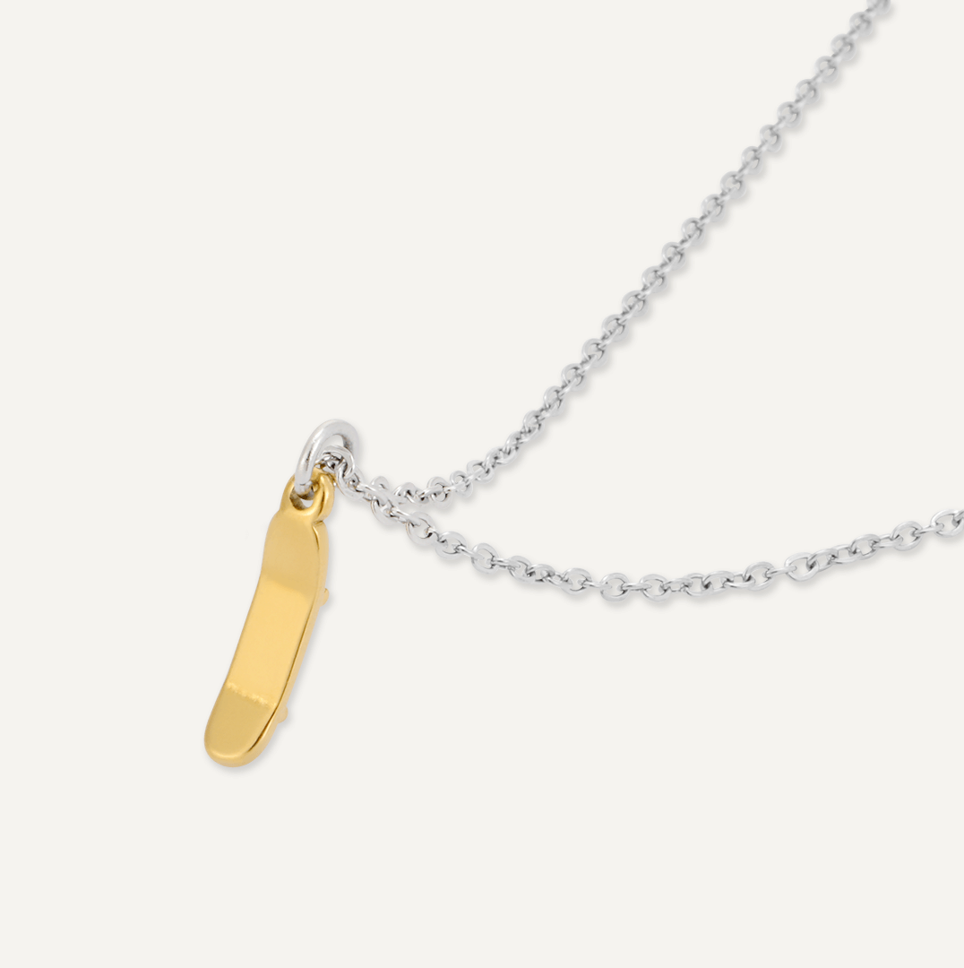 Memories: "SKATE" | Skateboard Necklace | White Gold & 18K Gold-Plated