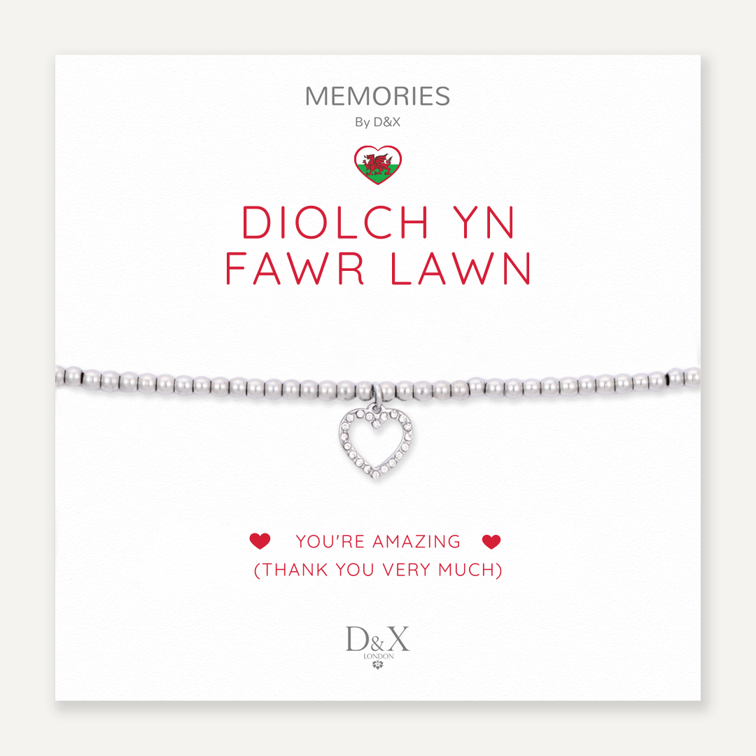 Memories: "DIOLCH YN FAWR LAWN" | Heart Bracelet | White Gold-Plated