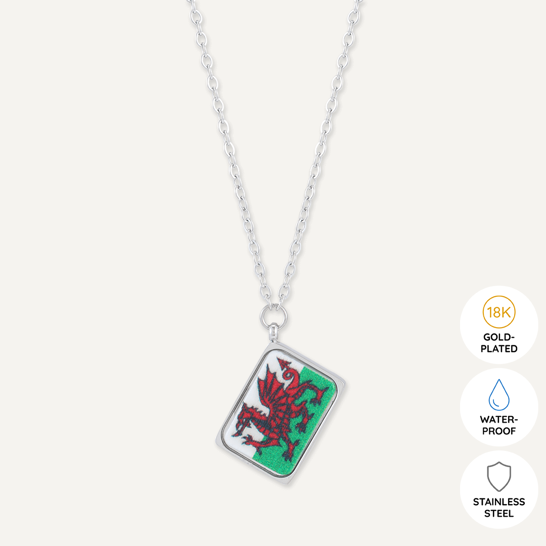 Memories: "CYMRU AM BYTH" | Welsh dragon Necklace | White Gold-Plated | Multi-Colour