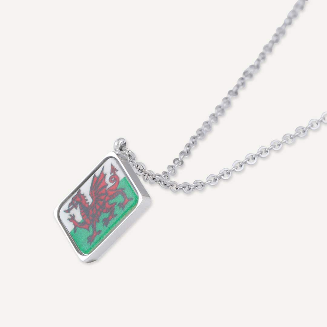 Memories: "CYMRU AM BYTH" | Welsh dragon Necklace | White Gold-Plated | Multi-Colour