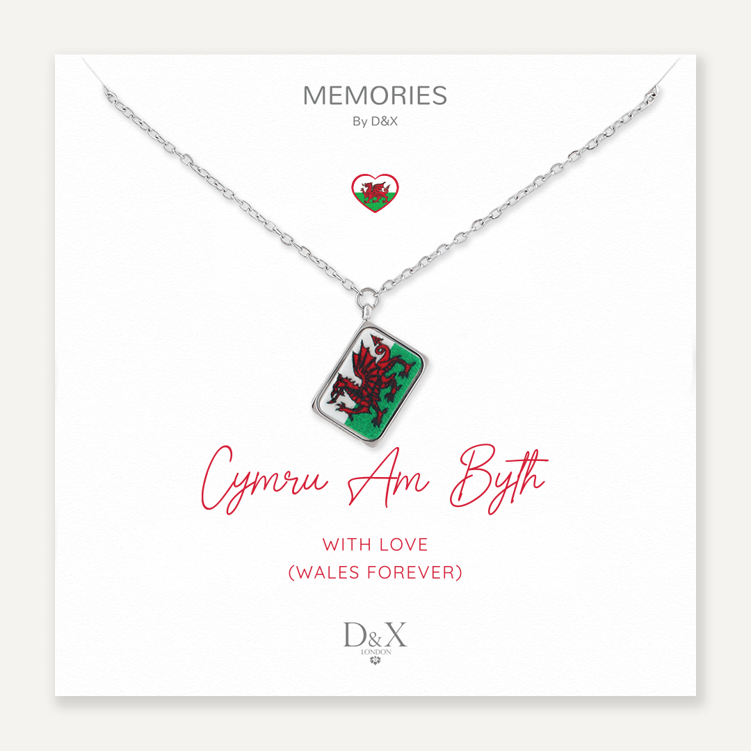 Memories: "CYMRU AM BYTH" | Welsh dragon Necklace | White Gold-Plated | Multi-Colour