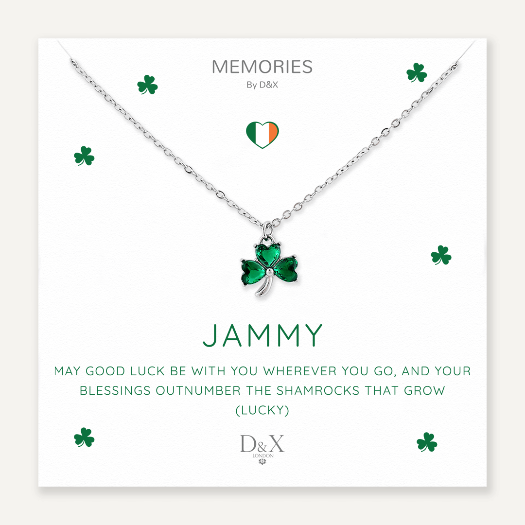 Memories: "JAMMY" | Green Four Leaf Clover Necklace | White Gold-Plated