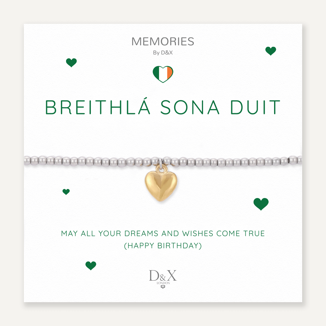 Memories: "BREITHLÁ SONA DUIT" | Heart Bracelet | White Gold & 18K Gold-Plated