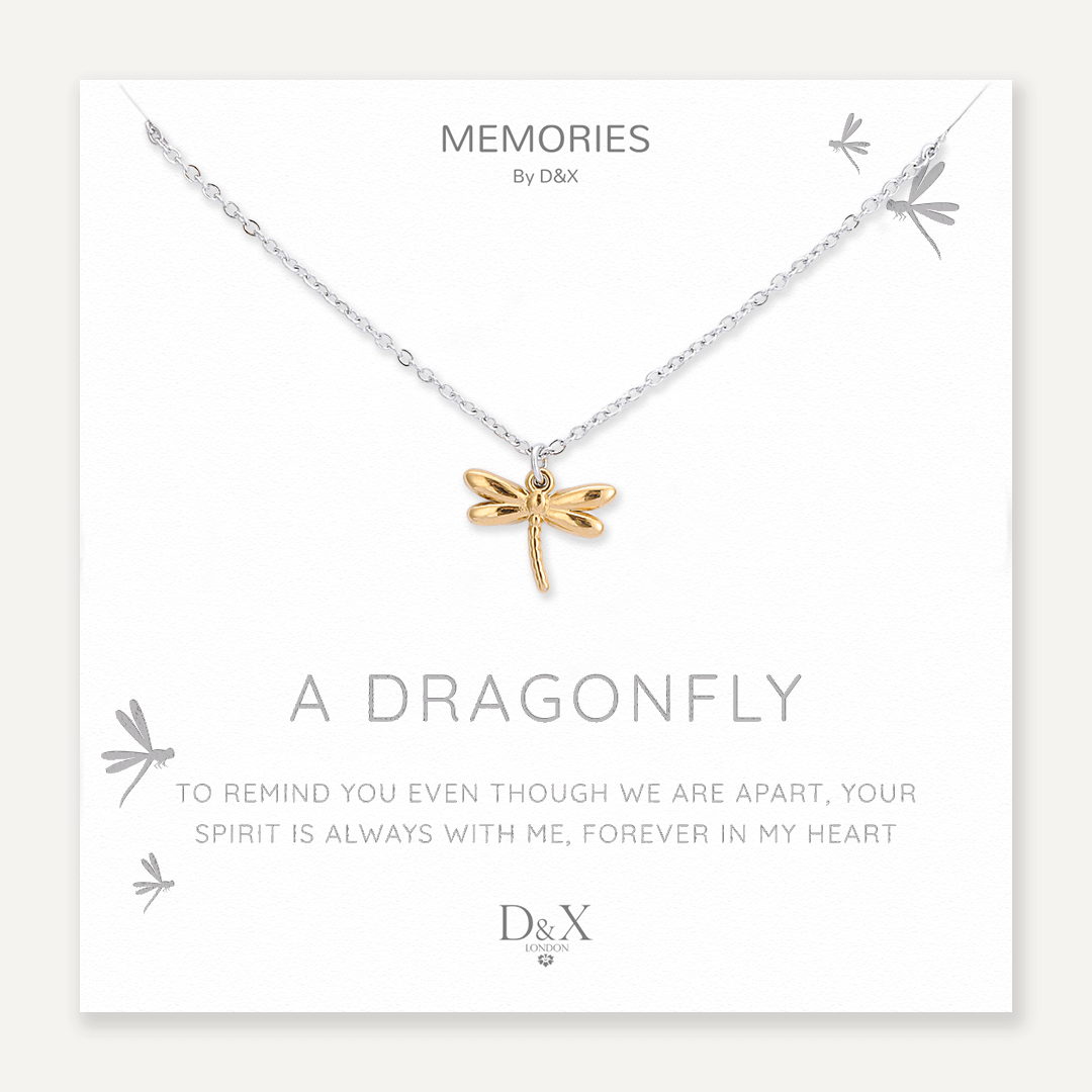 Memories: "A DRAGONFLY" | Dragonfly Necklace | White Gold & 18K Gold-Plated