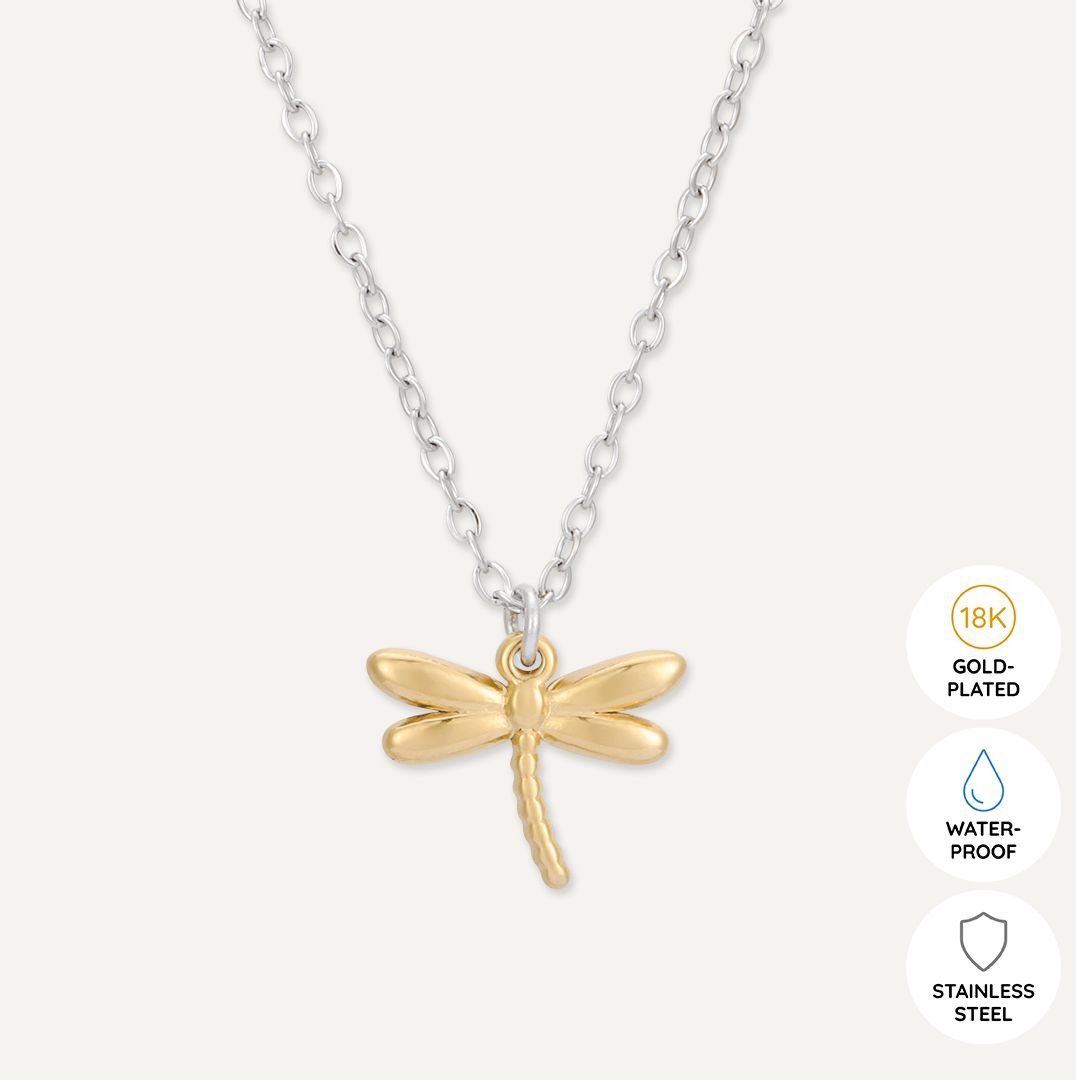 Memories: "A DRAGONFLY" | Dragonfly Necklace | White Gold & 18K Gold-Plated