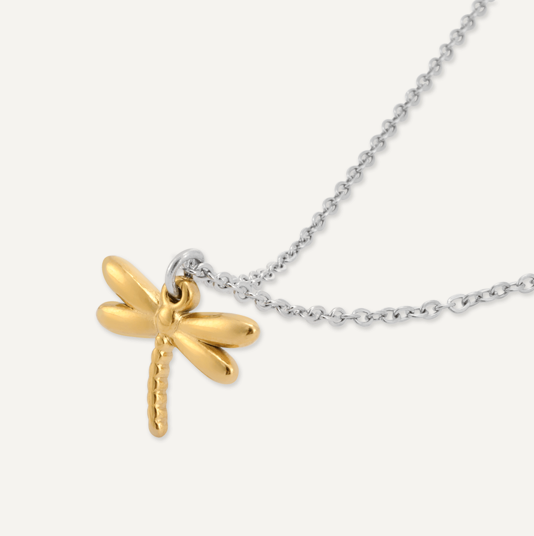 Memories: "A DRAGONFLY" | Dragonfly Necklace | White Gold & 18K Gold-Plated