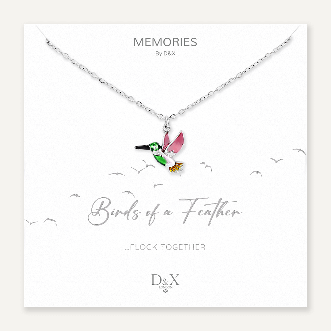 Memories: "BIRDS OF A FEATHER…" | Bird Necklace | White Gold-Plated | Multi-Colour