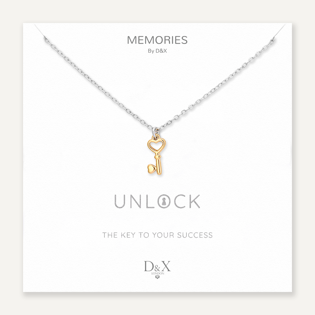 Memories: "UNLOCK" | Lock Key Necklace | White Gold & 18K Gold-Plated