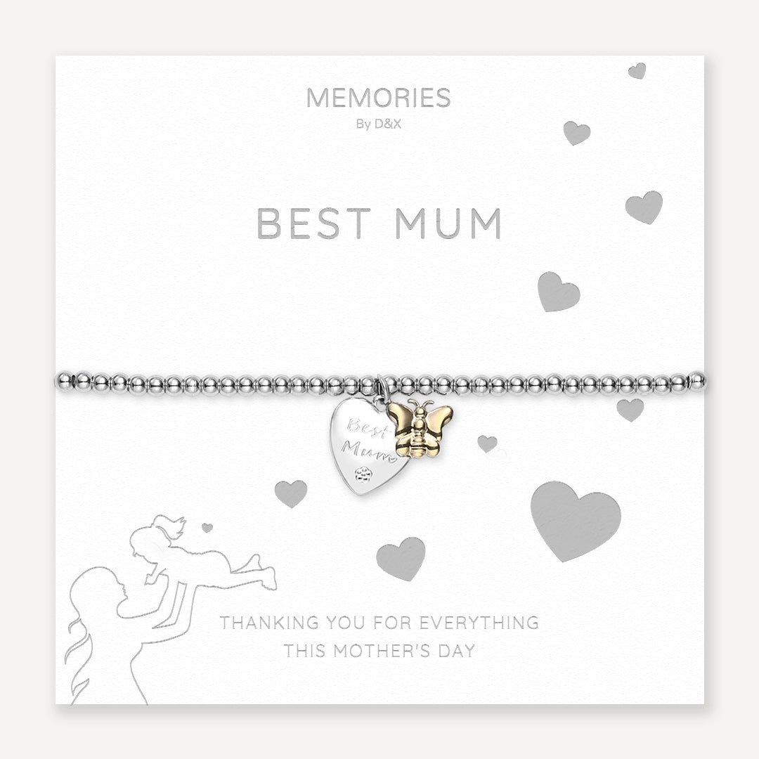 Memories: "BEST MUM" | Heart & Butterfly Bracelet |  White Gold & 18K Gold-Plated