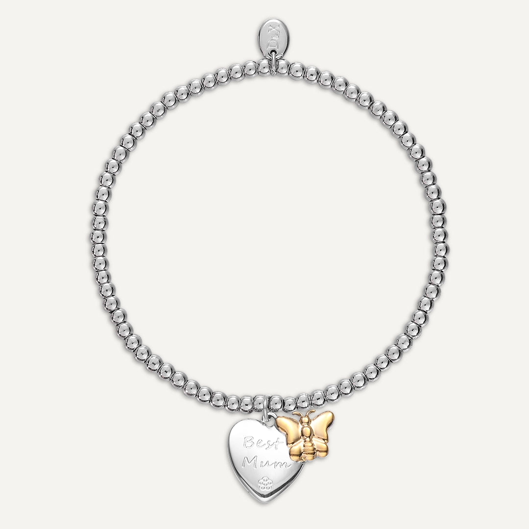 Memories: "BEST MUM" | Heart & Butterfly Bracelet |  White Gold & 18K Gold-Plated
