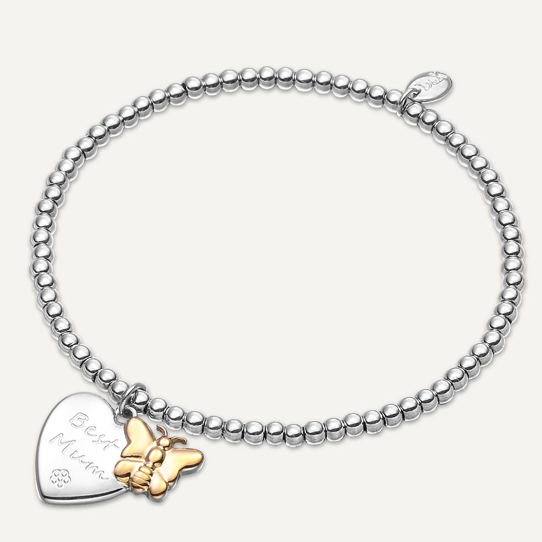 Memories: "BEST MUM" | Heart & Butterfly Bracelet |  White Gold & 18K Gold-Plated