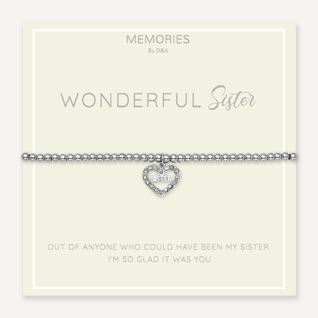 Memories: "WONDERFUL SISTER" | Heart Bracelet |  White Gold-Plated