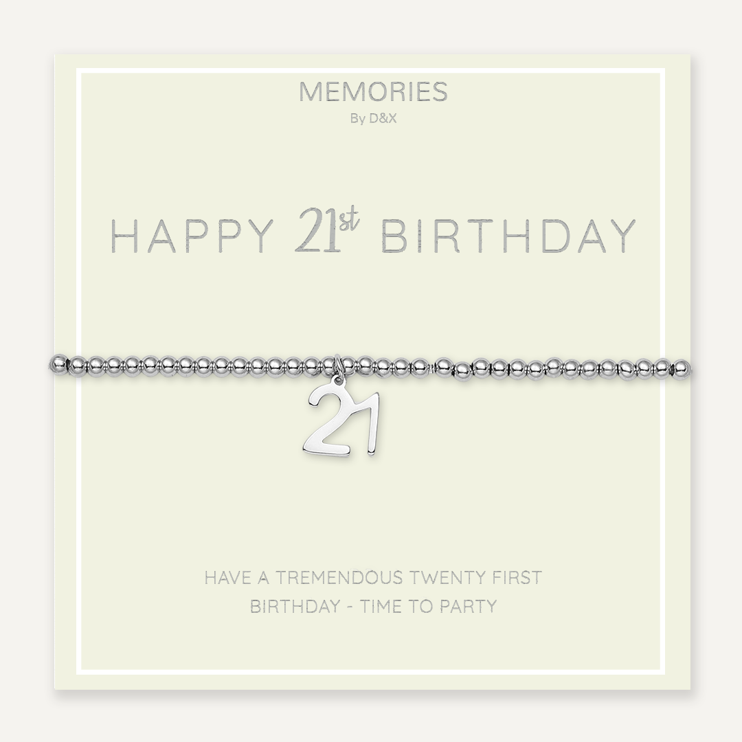 Memories: "HAPPY 21ST BIRTHDAY" | Number 21 Bracelet | White Gold-Plated
