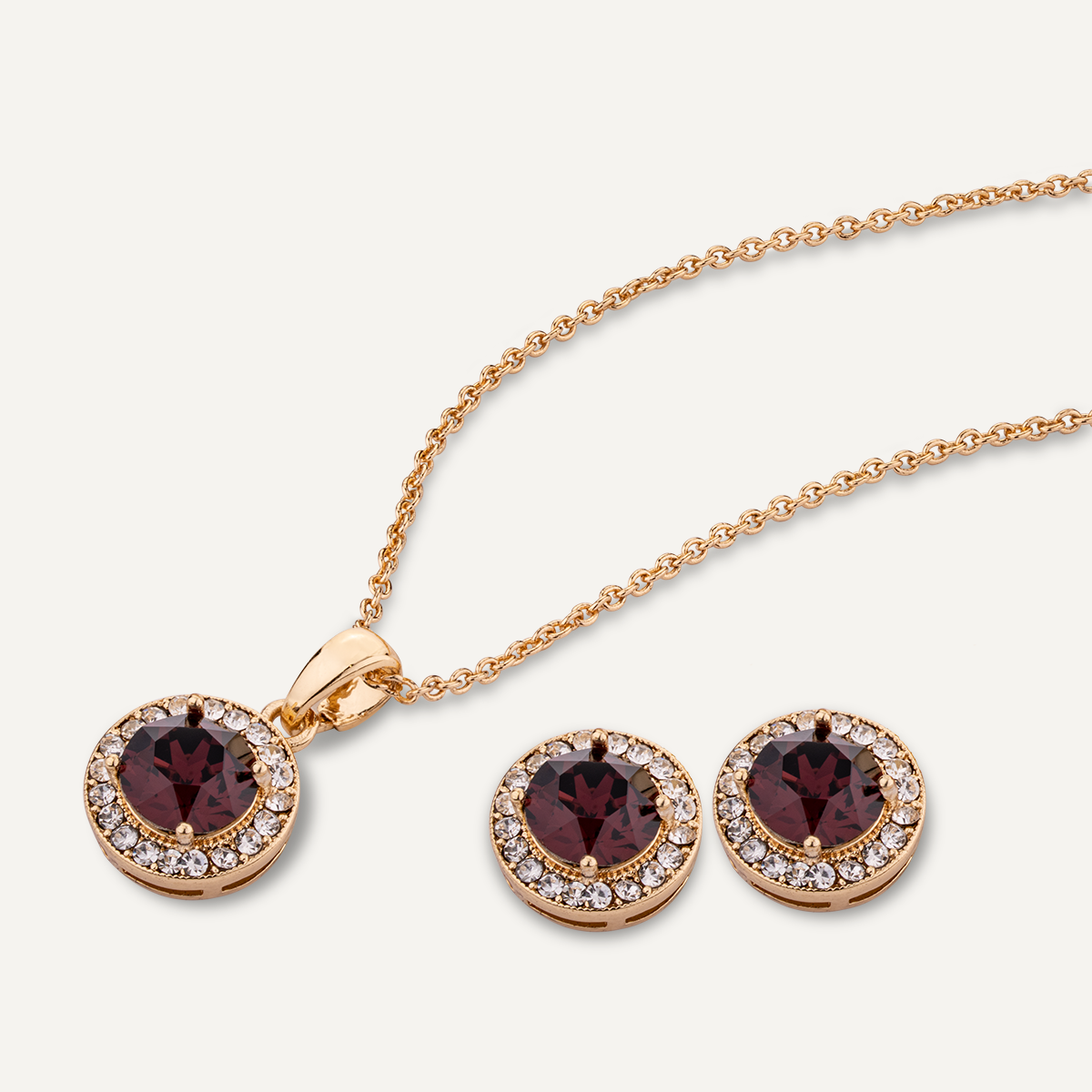 Close-up view of January Birthstone Necklace & Earring Set In Gold