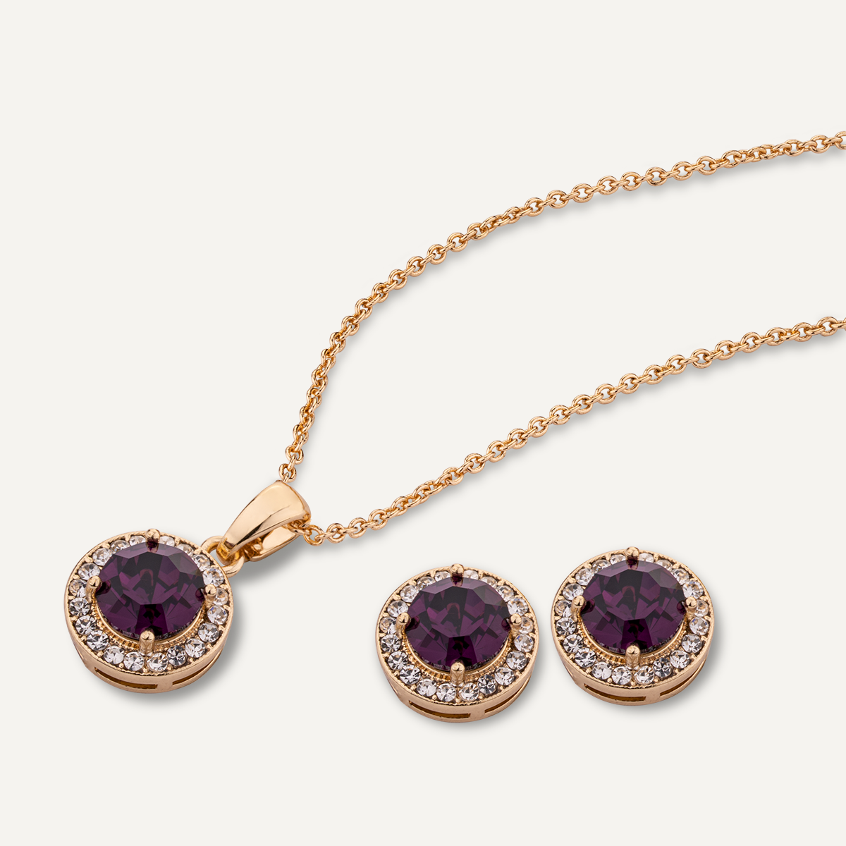 Close-up view of February Amethyst Birthstone Necklace & Earring Set In Gold