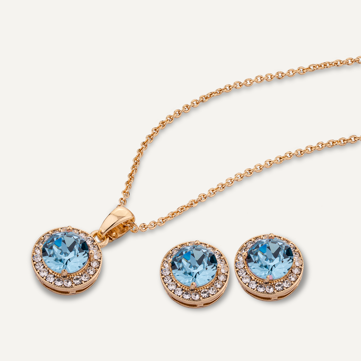 Detailed view of March Aquamarine Birthstone Necklace & Earring Set In Gold