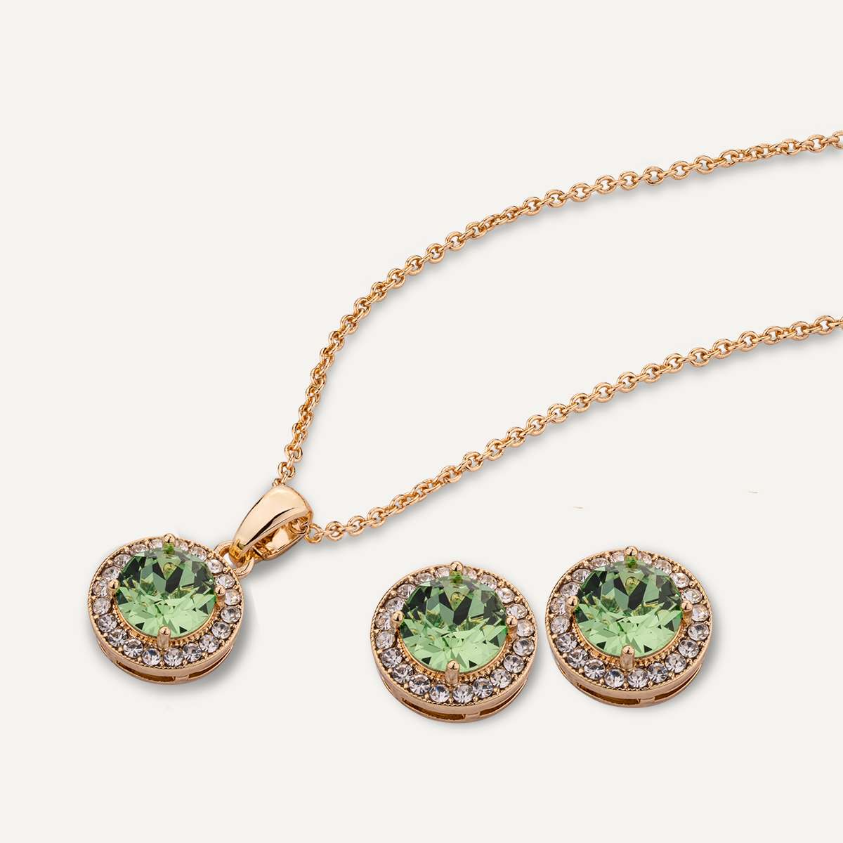 Detailed view of August Peridot Birthstone Necklace & Earring Set In Gold