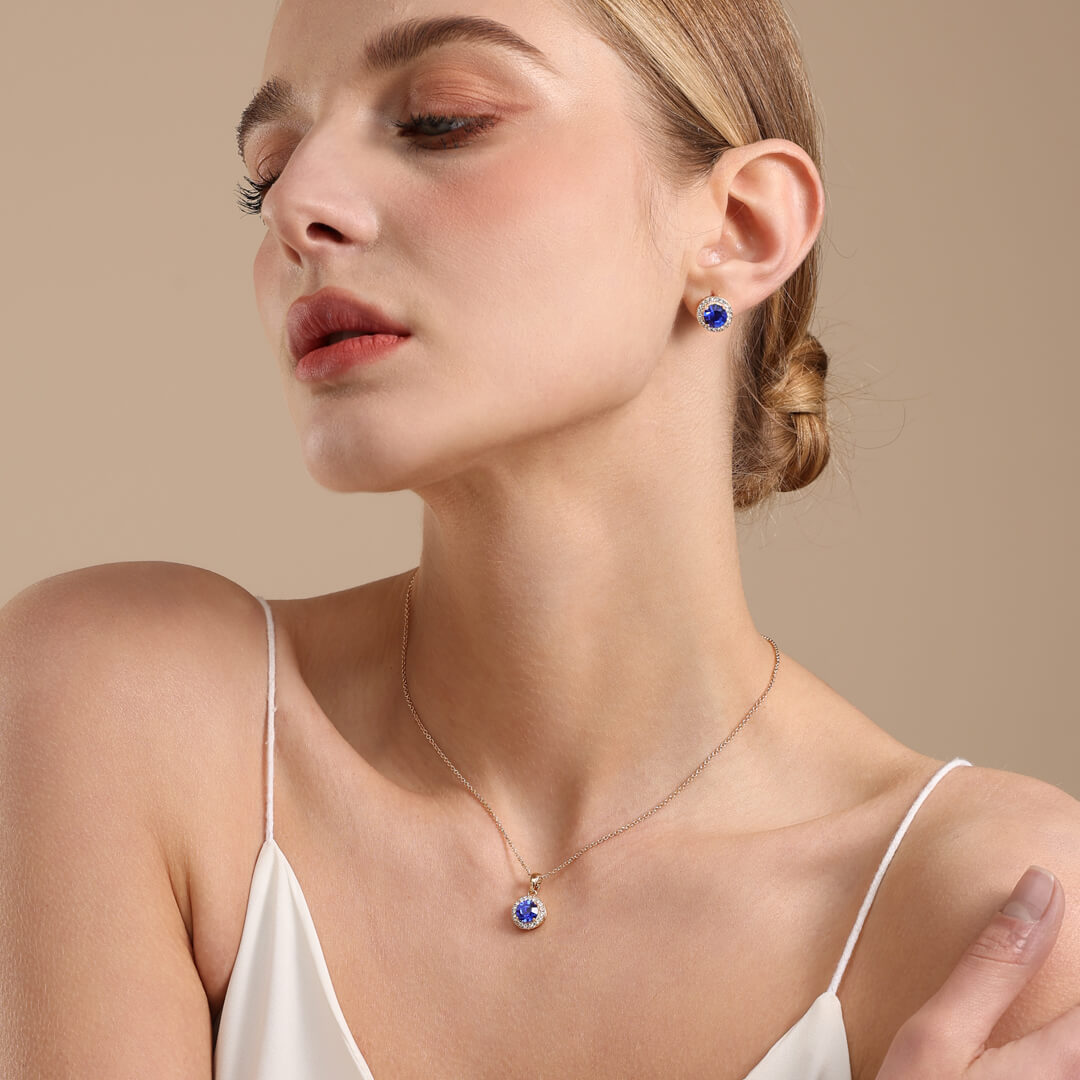 September Sapphire-Colour Birthstone Necklace & Earring Set In Gold-Tone