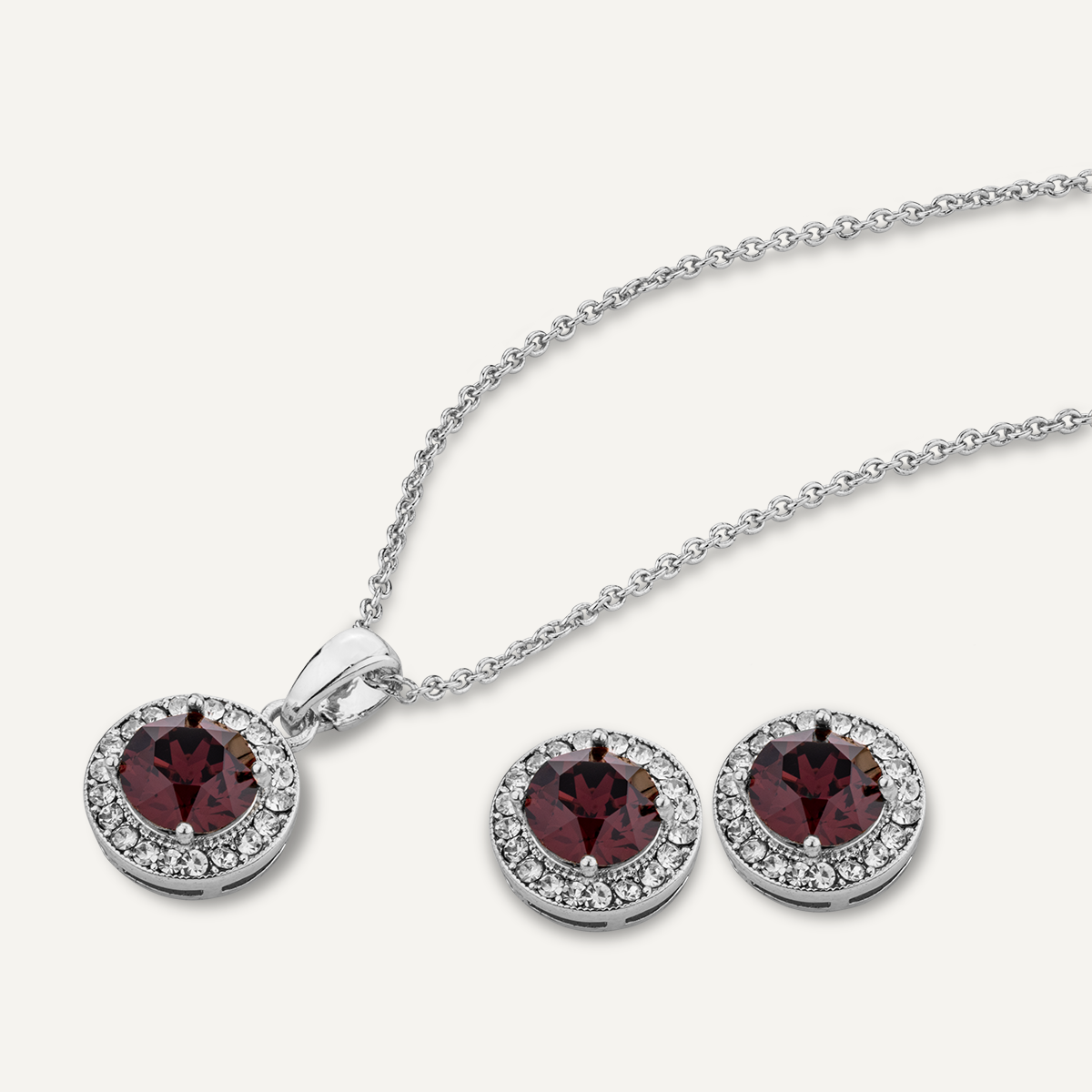 January Garnet Colour Birthstone Necklace Earring Set In Silver Tone