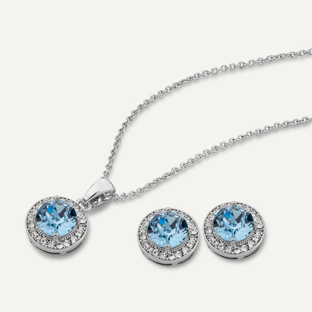 Detailed view of March Aquamarine Birthstone Necklace & Earring Set In Silver 