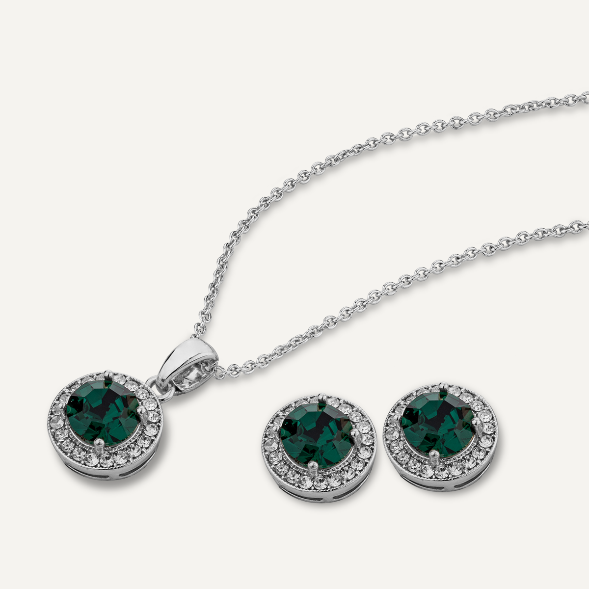 Detailed view of May Emerald Birthstone Necklace & Earring Set In Silver
