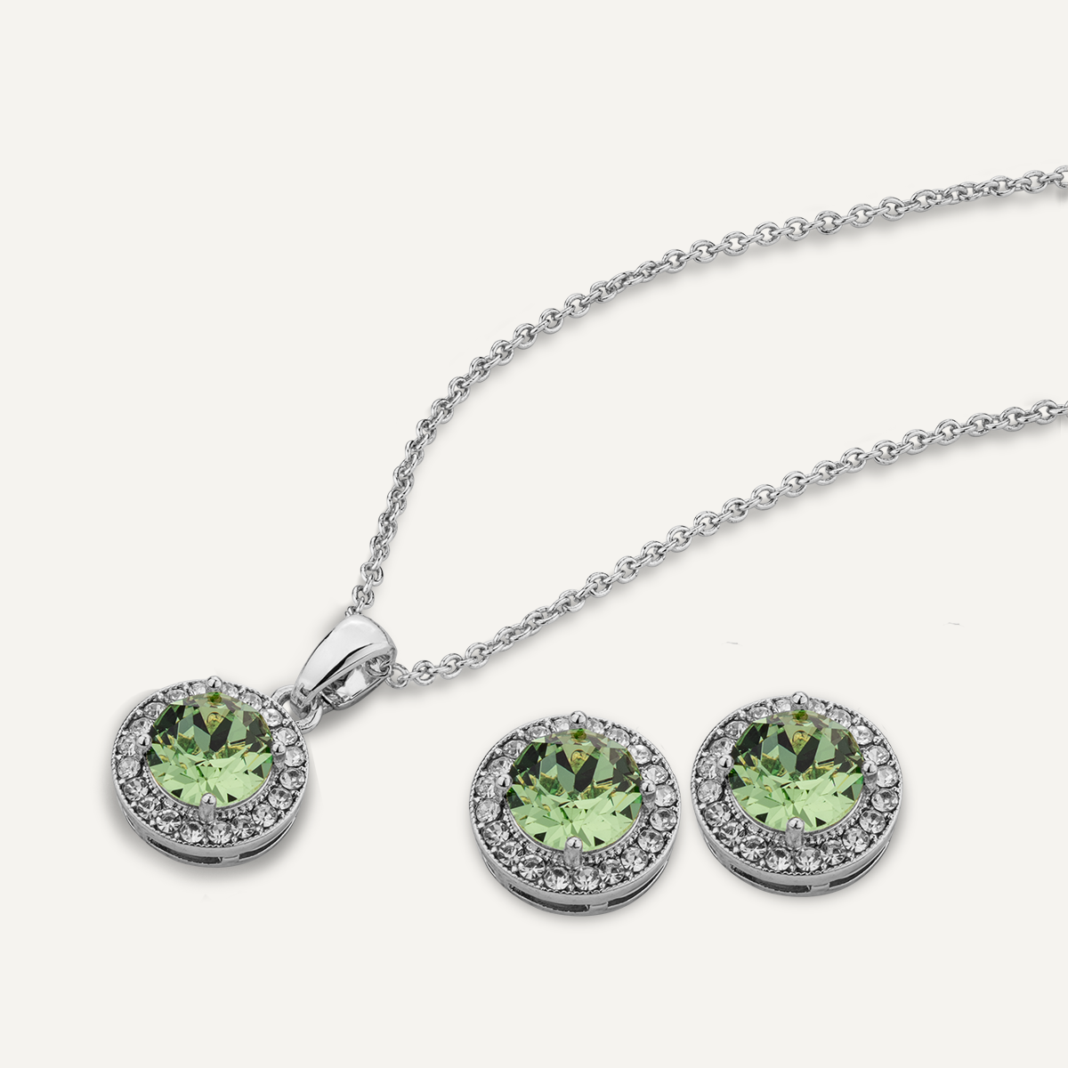 Detailed view of August Peridot Birthstone Necklace & Earring Set In Silver