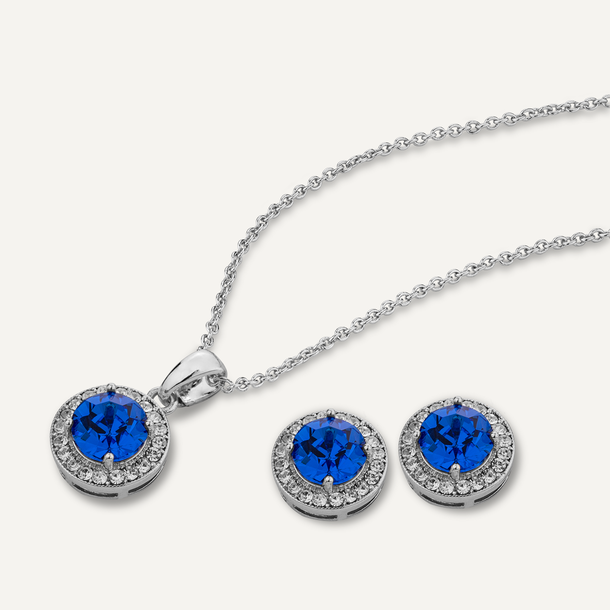 Detailed view of September Sapphire Birthstone Necklace & Earring Set In Silver
