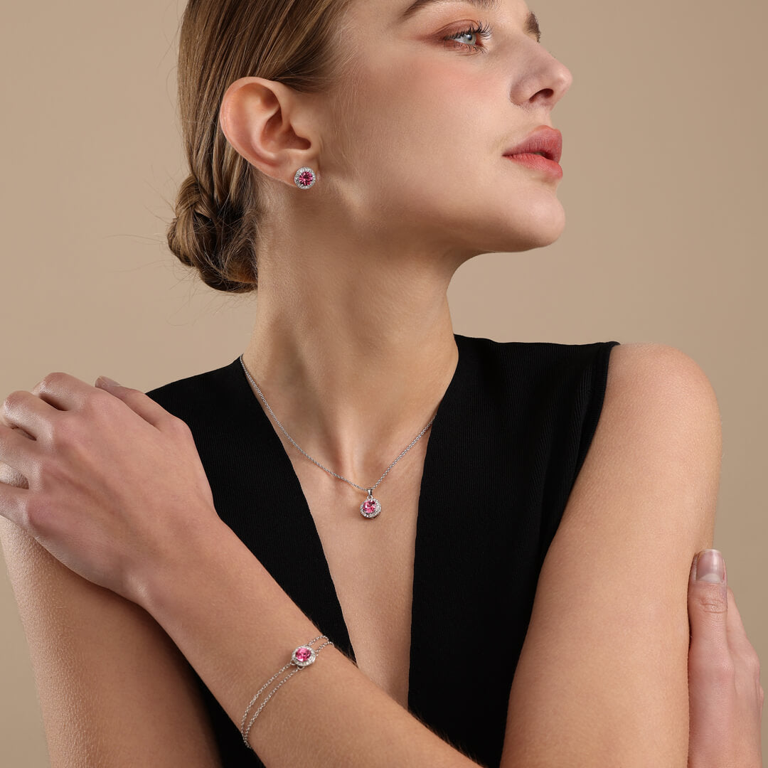 October Tourmaline-Colour Birthstone Necklace & Earring Set In Silver-Tone