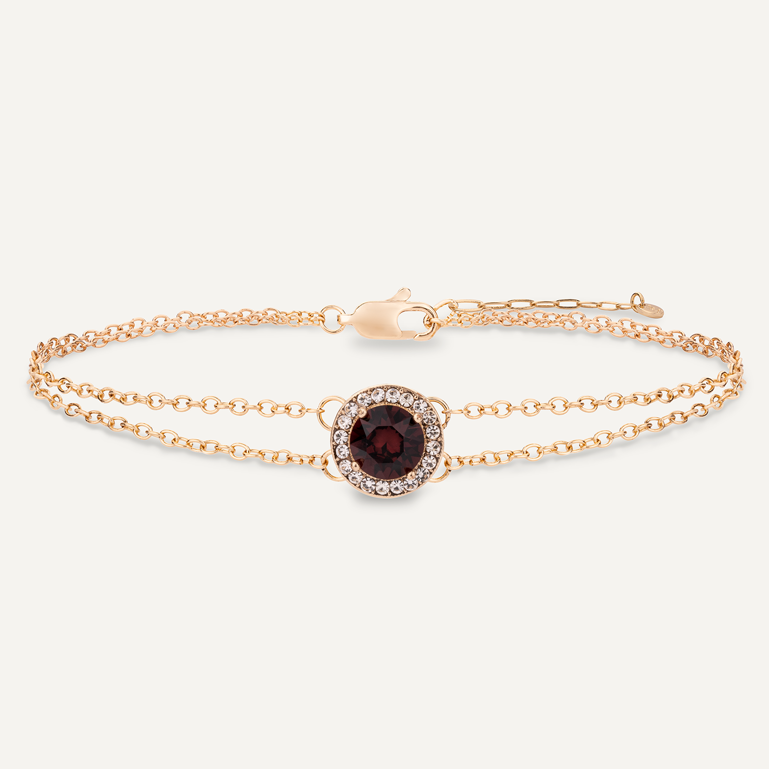 Detailed view of January Garnet Birthstone Clasp Bracelet In Gold Cubic Zirconia