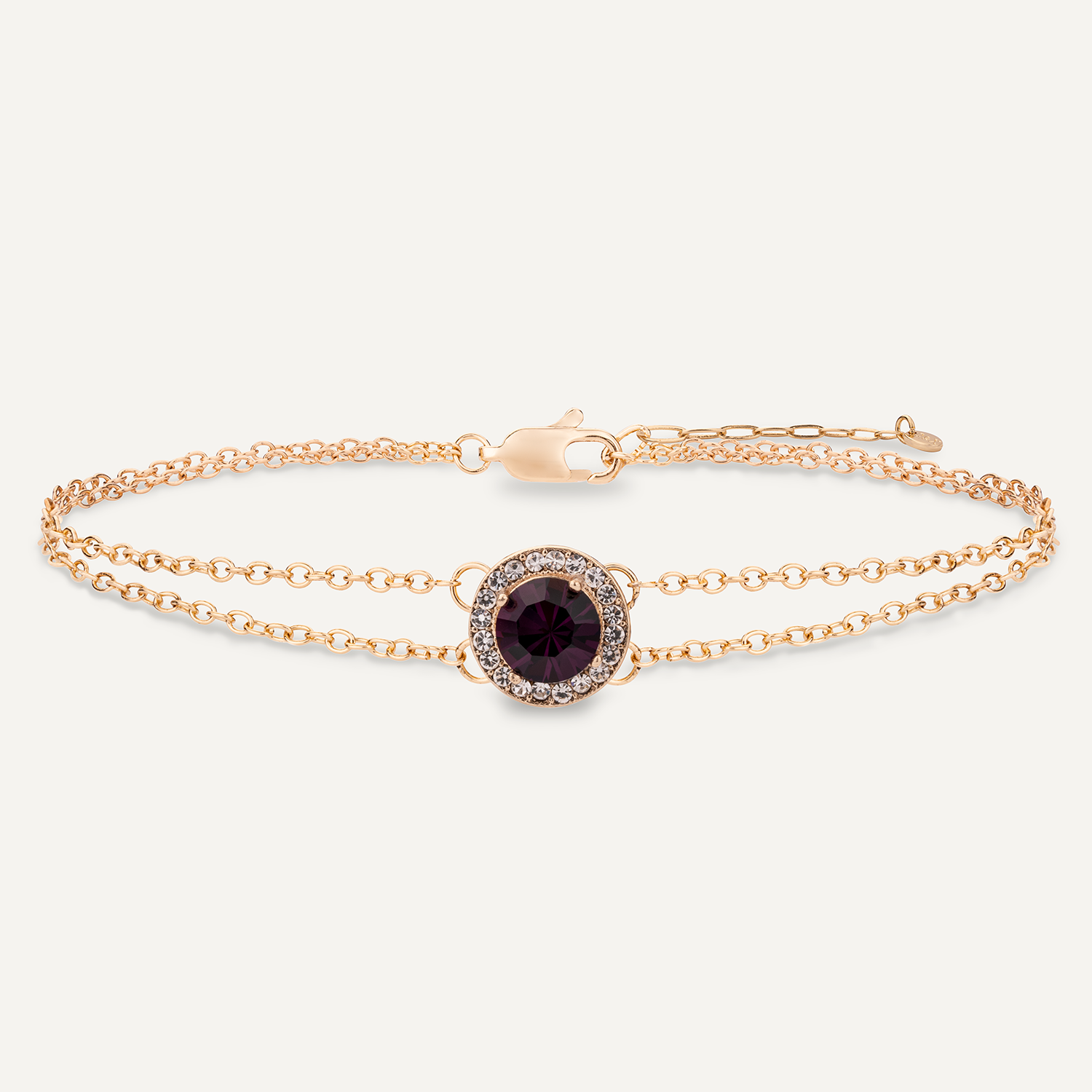 Detailed view of February Amethyst Birthstone Clasp Bracelet In Gold Cubic Zirconia