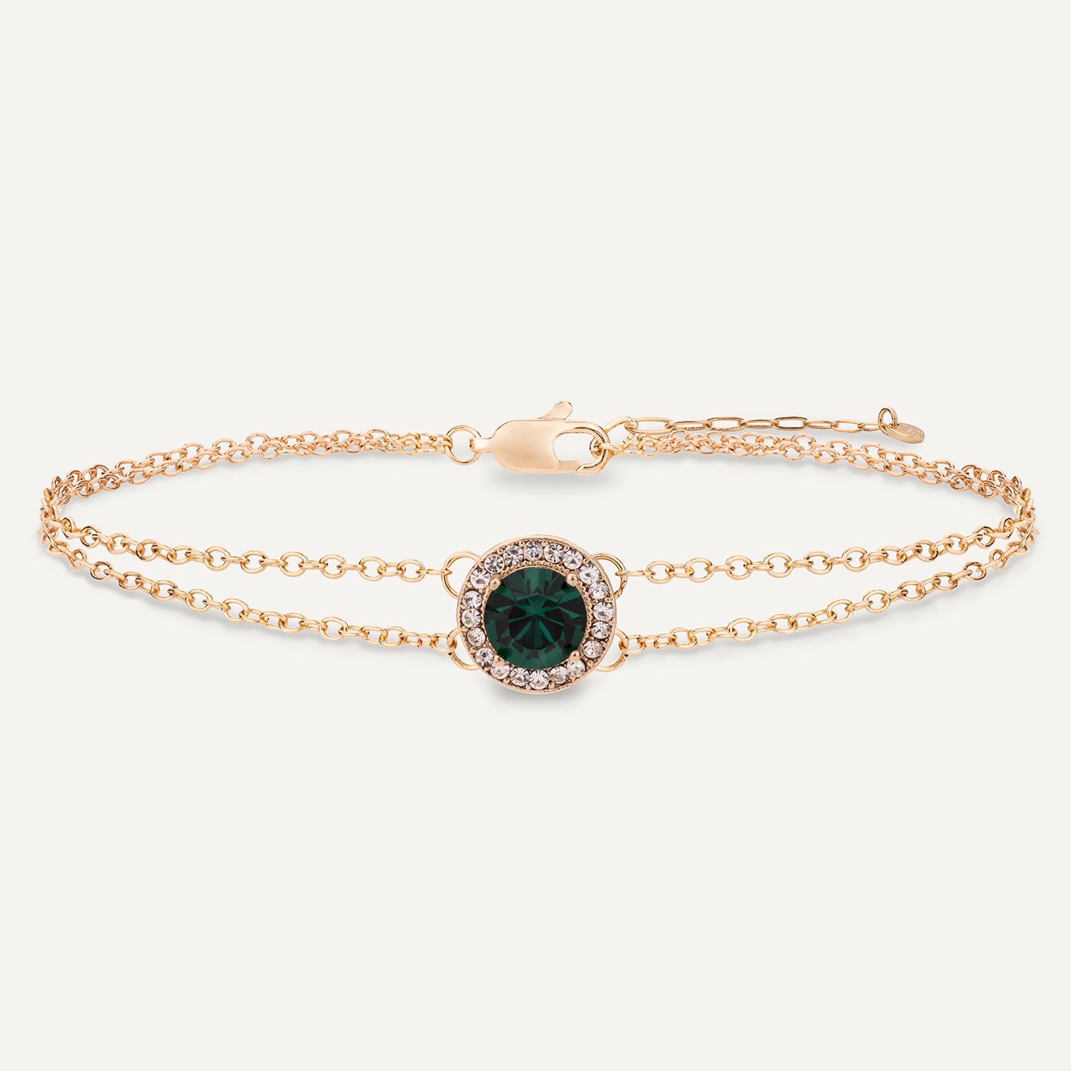 Detailed view of May Emerald Birthstone Clasp Bracelet In Gold Cubic Zirconia